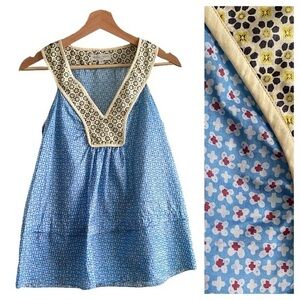 Megan Park England Silk Blue Yellow Bohemian Floral Print Tank Top 0